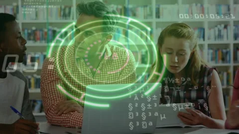 Green AR HUD appearing over table, mentor leaning to laptop guiding students for Stock Footage 329812783
