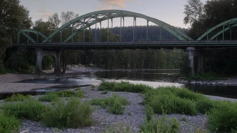 Green Arch Bridge Willamette River - Willamette Valley Aerial 4k Stock Footage 113705130