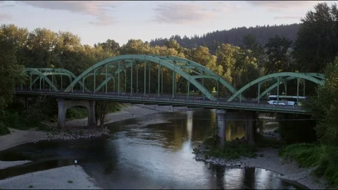 Green Arch Bridge Willamette River - Willamette Valley Aerial 4k Stock Footage 113705140