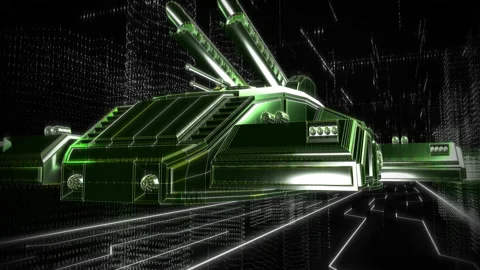 A Green Army vehicle from the future is passing through the binary code space Stock Footage 164313563
