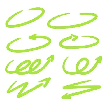 Green arrow. Abstract oval shape. Zigzag and spiral. Round lines. Illustrazione stock