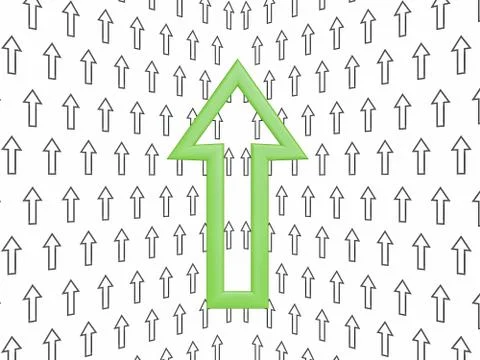 Green arrow up against the background of small arrows 3D illustration Stock Illustration