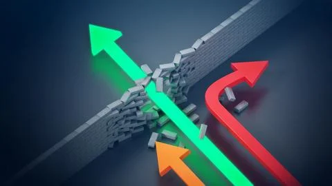 Green arrow breaking the wall and passing to the other side. 3D illustration Stock Illustration