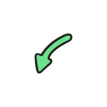 Green arrow doodle vector icon pointing down. Pin map symbol cursor in cute Illustrazione stock