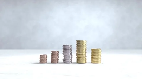 The green arrow is going up the Stacks of coins arranged in a bar graph Video stock 240368936