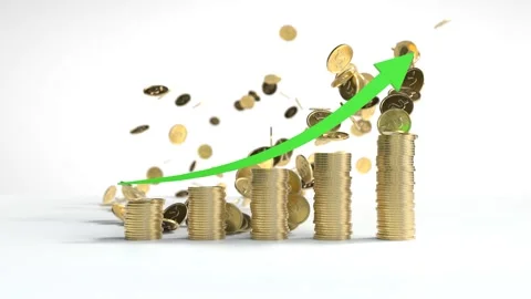 The green arrow is going up the Stacks of coins arranged in a bar graph Видео 249732965
