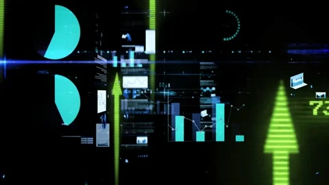 Green arrow lighting starting data stack unfolding, charts moving, numbers Stock Footage 329701718