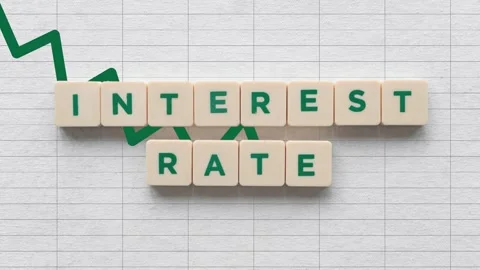 Green Arrow Moving Downward Behind The Interest Rate On Grid Background. Stock Footage 250523324
