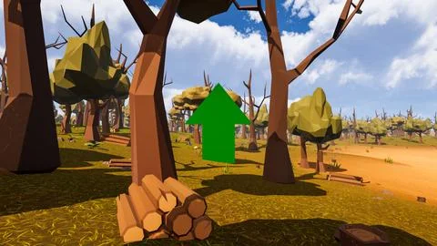 A green arrow pointing up with natural elements in low poly 3d render Illustrazione stock