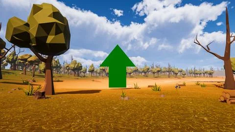 A green arrow pointing up with natural elements in low poly 3d render Stock Illustration