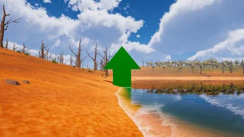 A green arrow pointing up with natural elements in low poly 3d render 스톡 일러스트