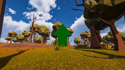 A green arrow pointing up with natural elements in low poly 3d render Illustrazione stock