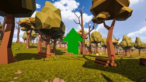 A green arrow pointing up with natural elements in low poly 3d render Stock Illustration