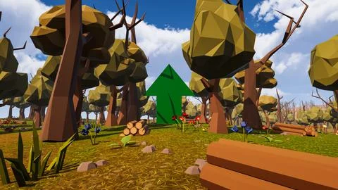 A green arrow pointing up with natural elements in low poly 3d render Stock Illustration