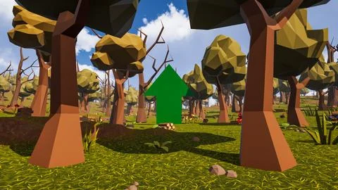 A green arrow pointing up with natural elements in low poly 3d render Stock Illustration