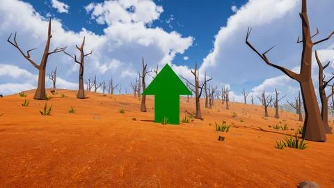 A green arrow pointing up with natural elements in low poly 3d render Illustrazione stock