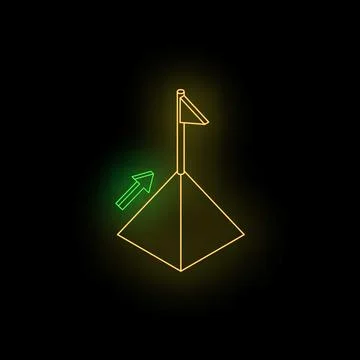 Green arrow pointing to yellow flag on top of pyramid on black background Stock Illustration