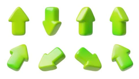 Green arrows in different directions cursor 3d cartoon plastic vector icons set Stock Illustration