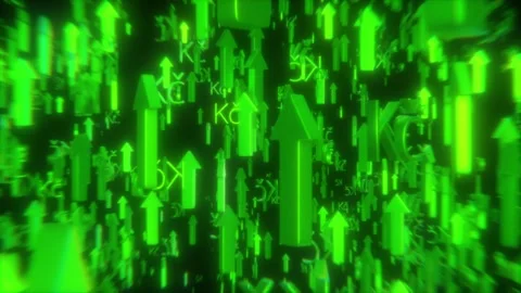 Green arrows fly upward with the Czech Koruna symbol (Kč) Stock Footage 313995836