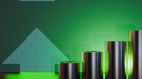 Green arrows pointing up on an LED screen and coins 스톡 동영상 274435306