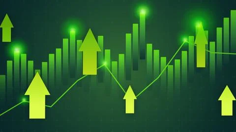Green arrows show increase in data over time on a digital chart in a business 스톡 일러스트