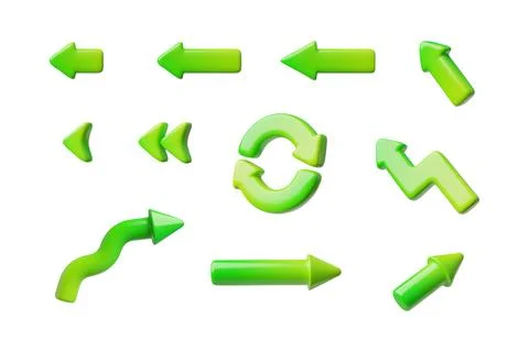 Green arrows, various directions cursor 3d cartoon vector icons set, volume Stock Illustration