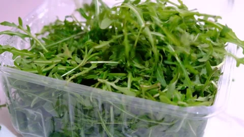 Green arugula  in plastic packaging. A healthy food supplement containing v.. Stock Footage 305426579