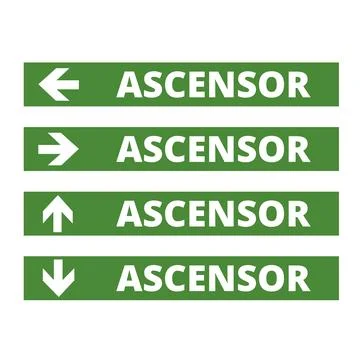 Green ascensor signs with directional arrows on a white background Ilustración de archivo