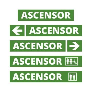 Green ascensor signs with directional arrows on a white background (trad. e.. Ilustración de archivo