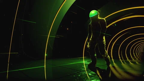 Green astronaut Loop walking through a sci fi tunnel as a VJ loop Stock Footage 234142080