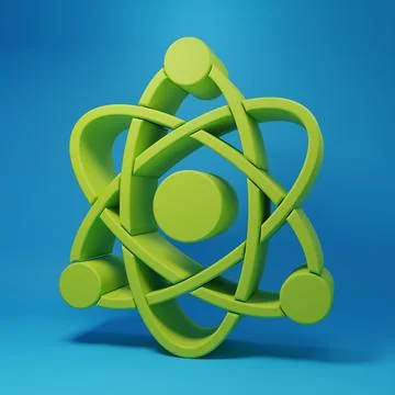 Green Atom icon isolated on blue background. Symbol of science, education, .. Stock Illustration