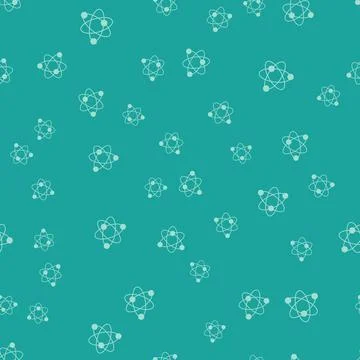 Green Atom icon isolated seamless pattern on green background. Symbol of science Illustrazione stock