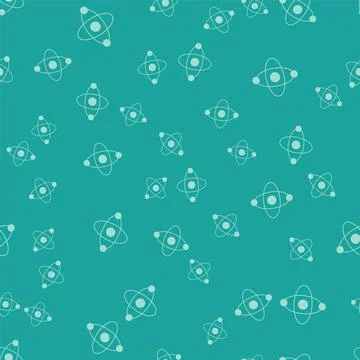 Green Atom icon isolated seamless pattern on green background. Symbol of scie Stock Illustration