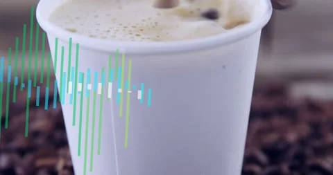 Green audio waveform appearing sliding over coffee cup while foam swirl pulsing Stock Footage 318474953