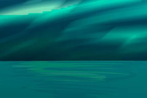 Green Aurora Reflected Across Dark Ocean Illustration Stock Illustration