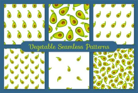 Green avocado vegetable seamless pattern set Stock Illustration