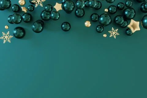 A green backdrop features various holiday ornaments, including shiny spheres  Stock Illustration