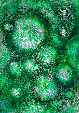 Green background with abstract chaotic pattern coated circles Illustrazione stock
