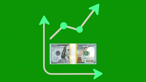 Green background arrow pointing up to dollar bill notes screen house made out Video stock 314063610