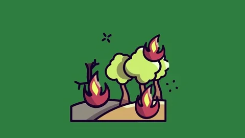 A green background with cartoon character on it and an image of burning tree Видео 335129997