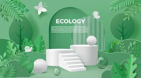 Green background. Eco tree banner with organic product podium in garden Stock Illustration