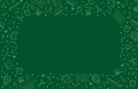 Green background with frame of hand drawn school stationery icons Stock Illustration