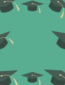 Green background with graduation caps, blank template for graduation banner. Stock Illustration