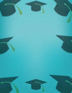 Green background with graduation caps, blank graduation banner template blur. Stock Illustration