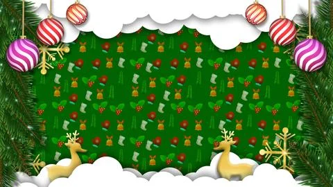 The green background has a holiday pattern, ornaments, and pine branches. 스톡 일러스트