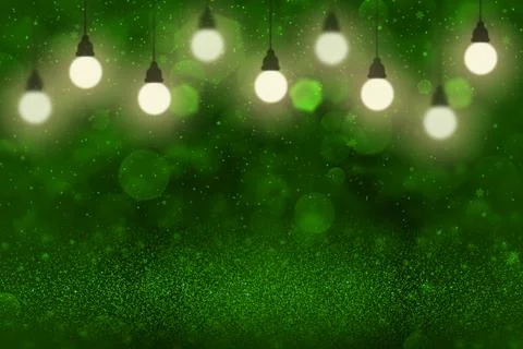 Green background lights with light bulbs, snow flakes bokeh Stock-Illustration