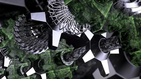 Green background. Motion.Various iron objects of the mechanism in the animation Illustrazione stock