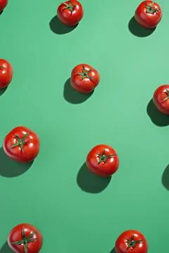 Green background pattern with red tomatoes Stock Photos
