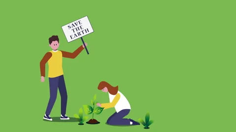 Green background with people saving Earth in 4k video. Stock Footage 145643217