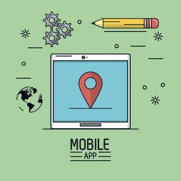 Green background poster of mobile app with tablet device with map pointer in Stock Illustration